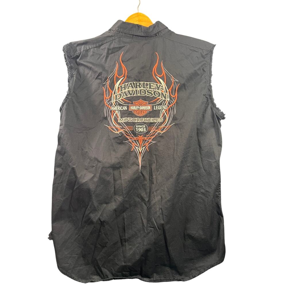 Harley Davidson Sleeveless Button Down Shirt Mens XL Blk/Orange Embroidered Logo